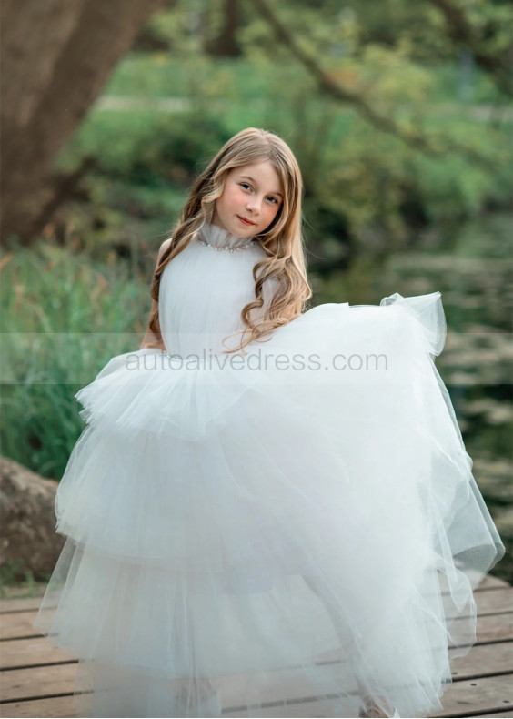 High Collar Ivory Tulle Layered Pearl Embellished Flower Girl Dress